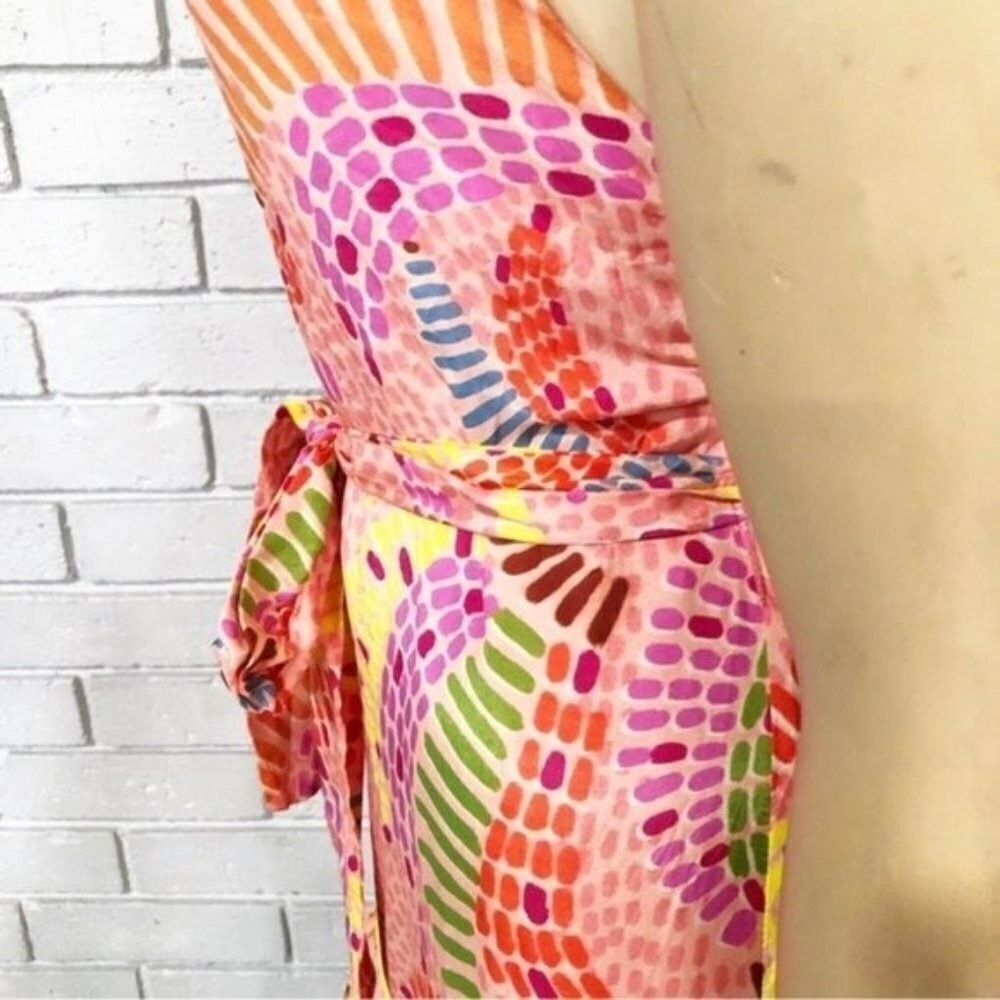 Farm Rio Mixed Pink Prints Maxi Dress Tropical Banana Tiered Halter Multi S - Picture 10 of 16